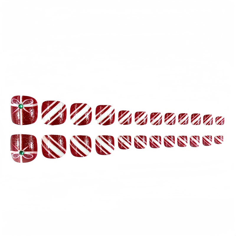SHUXILIN 24Pcs Christmas Press on Toenails Short - SHUXILIN Rose Red Fake Toenails Glitter Rhinestone Glue on Toe Nails with Gift Box Candy Stripe Design Artificial Square Stick on Toe Nails for Women Girls - Image 3